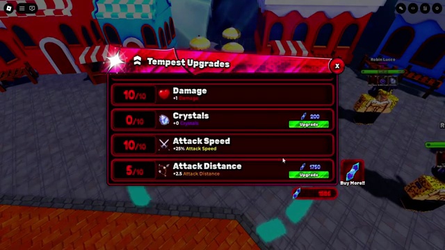 World Fighters upgrade menu with damage, Cristals, attack speed and attack distance options