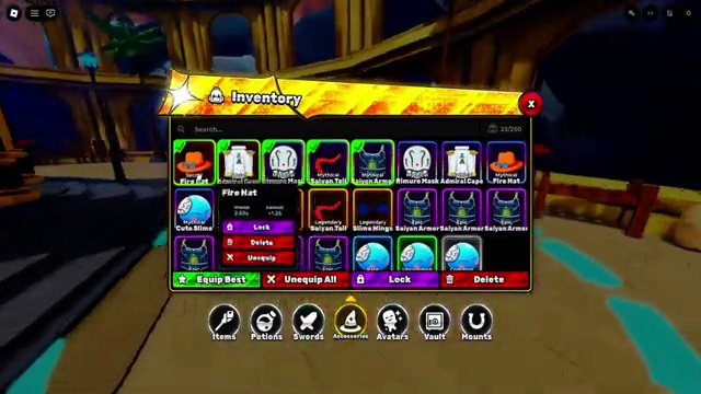 World Fighters inventory interface showing item categories and action controls